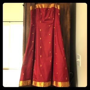 Strapless red dress with gold trim
